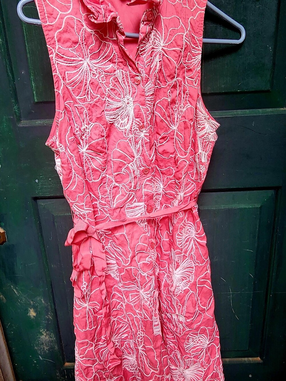 Liz & Co Coral Pink Embroidered Tropical Floral Midi Shirt Dress